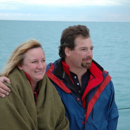 Captain Bruce and Dr. Karen aboard the Windy on Lake Michigan in Chicago