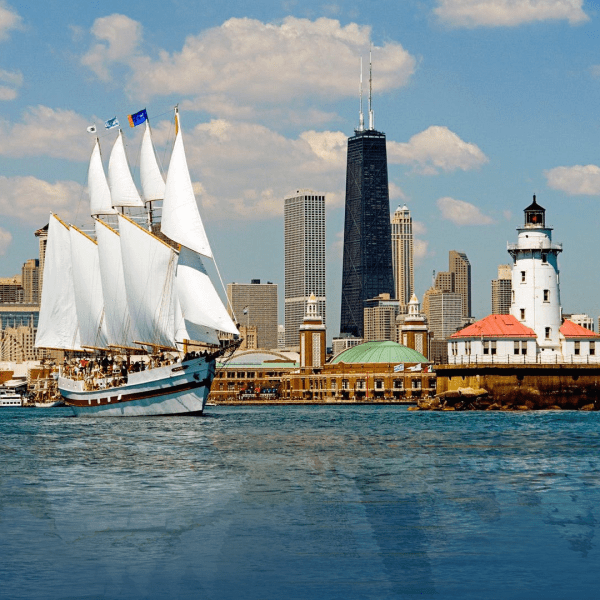 Tall Ship Windy sailing Lake Michigan with Chicago in background